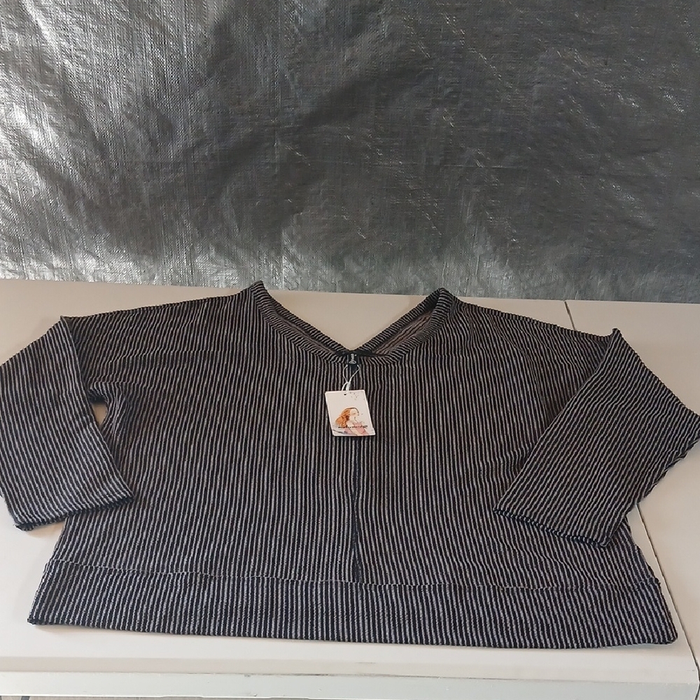 Pretty Garden Stripped Black and Gray V-Neck Top